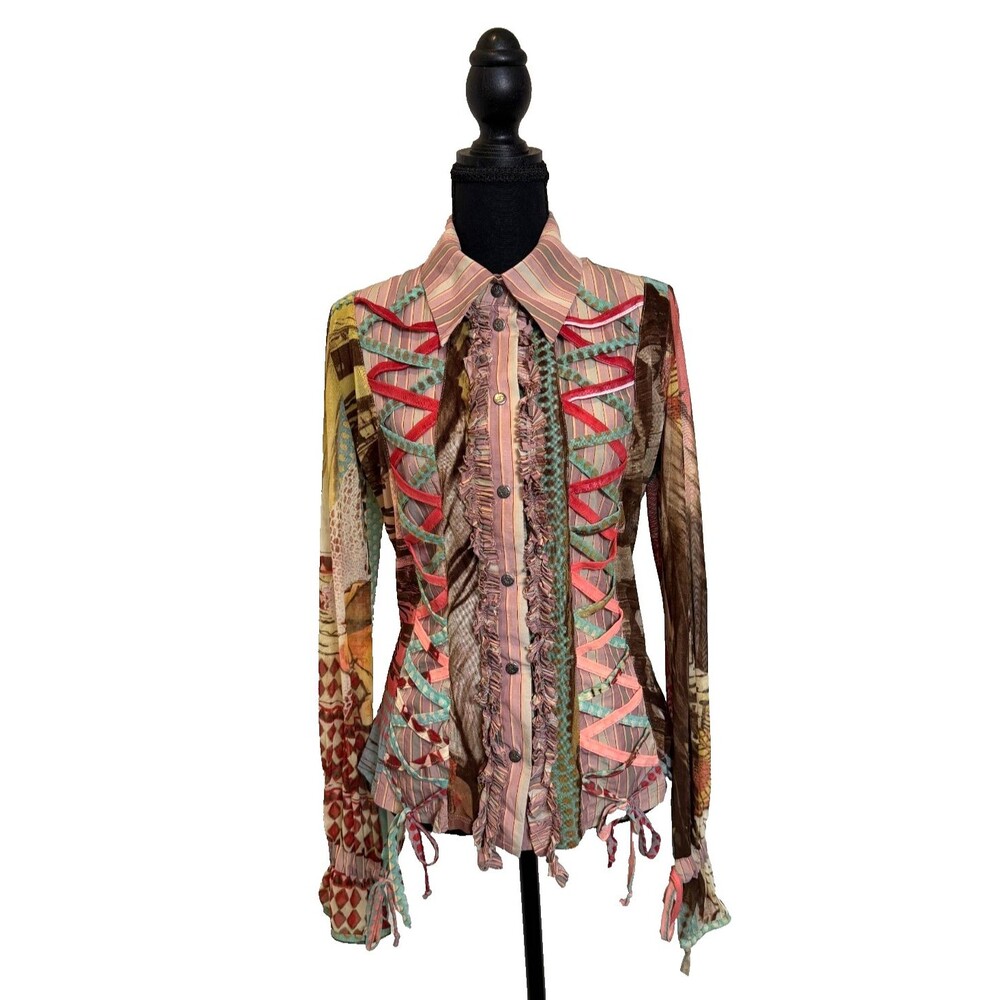 Save The Queen! Rare Vintage 00s Womens M Mesh Button Up Top Boho Punk Italy Y2K